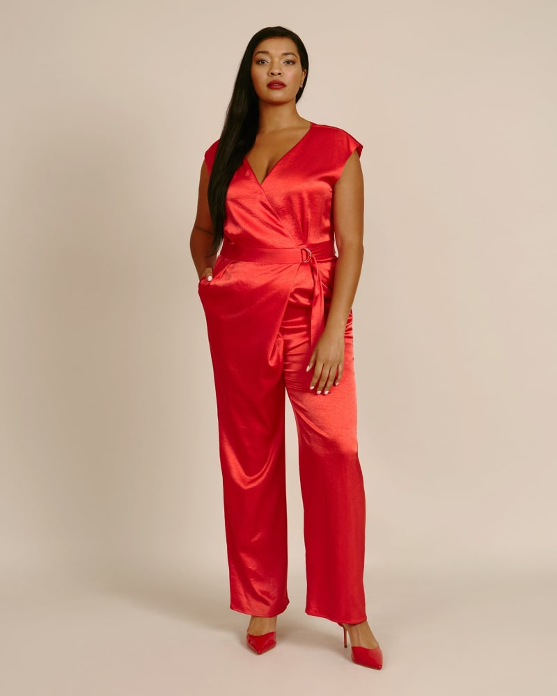 Front of a model wearing a size 16 Stretch Crinkle Satin Wrap D-Ring Jumpsuit in Raspberry by LAPOINTE. | dia_product_style_image_id:224435